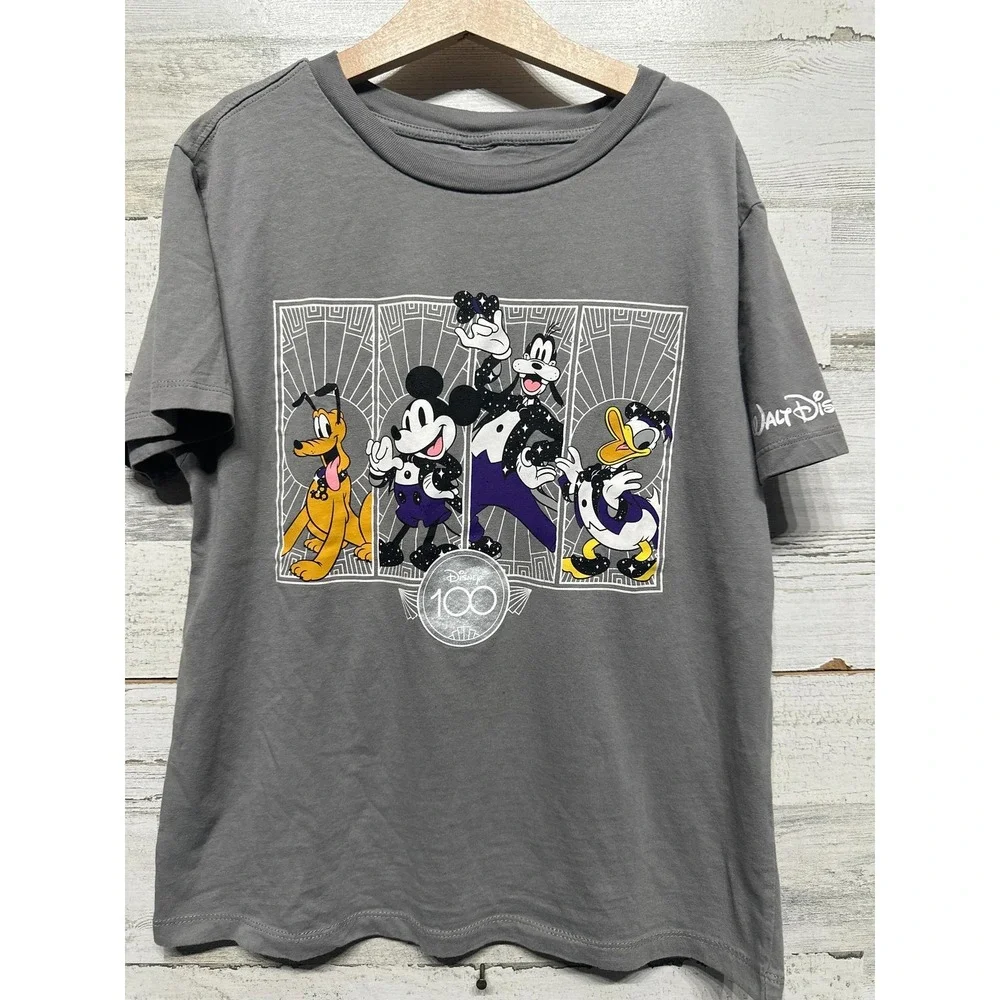 Disney Graphic T-Shirt Youth Medium Gray 100th Anniversary Mickey Goofy EUC